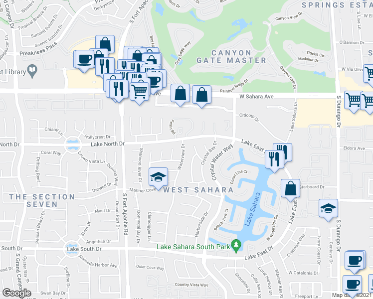 map of restaurants, bars, coffee shops, grocery stores, and more near 2812 Waterview Drive in Las Vegas
