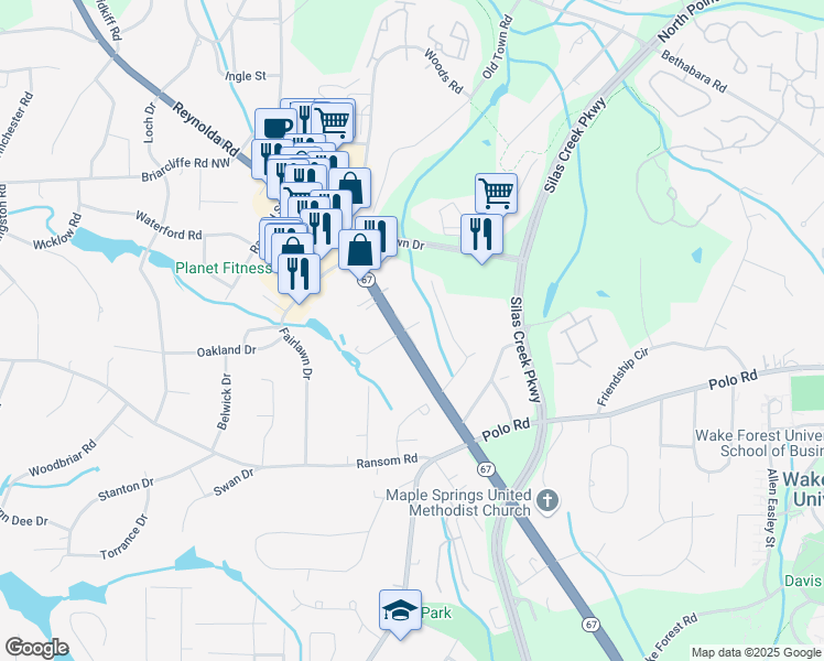 map of restaurants, bars, coffee shops, grocery stores, and more near 2651 Reynolda Road in Winston-Salem