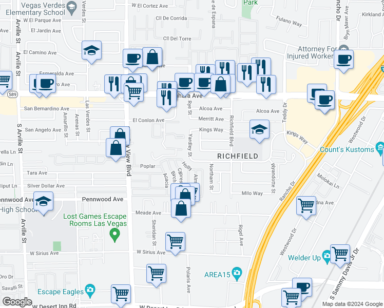 map of restaurants, bars, coffee shops, grocery stores, and more near 2713 Yardley Street in Las Vegas