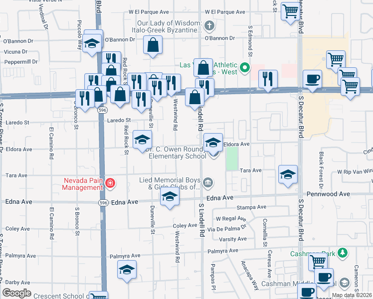 map of restaurants, bars, coffee shops, grocery stores, and more near 5580 Eldora Avenue in Las Vegas