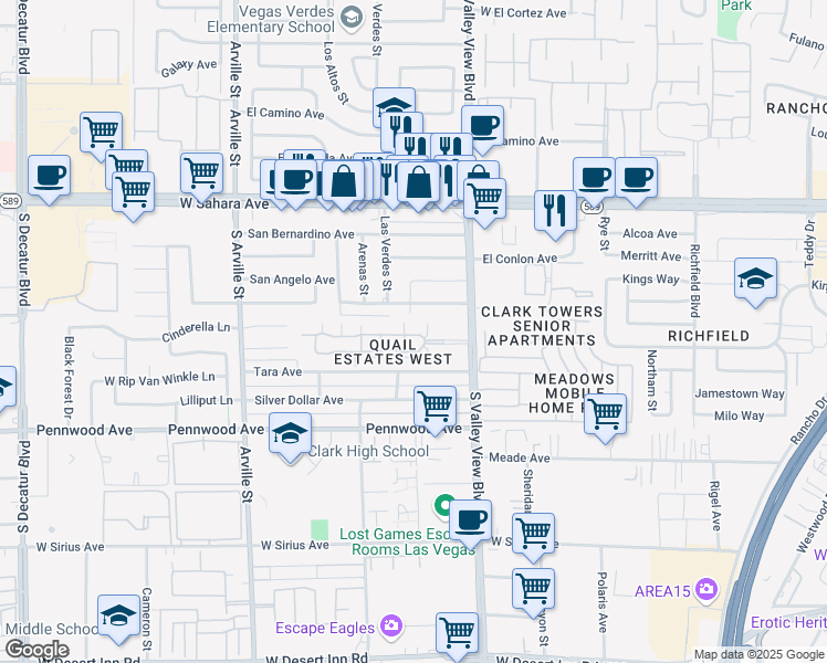 map of restaurants, bars, coffee shops, grocery stores, and more near 2851 South Valley View Boulevard in Las Vegas