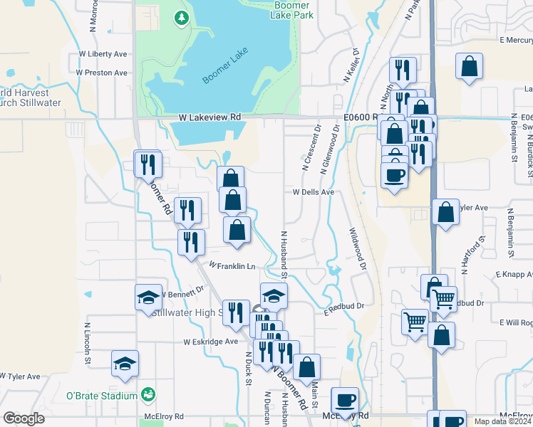 map of restaurants, bars, coffee shops, grocery stores, and more near 1806 North Husband Street in Stillwater