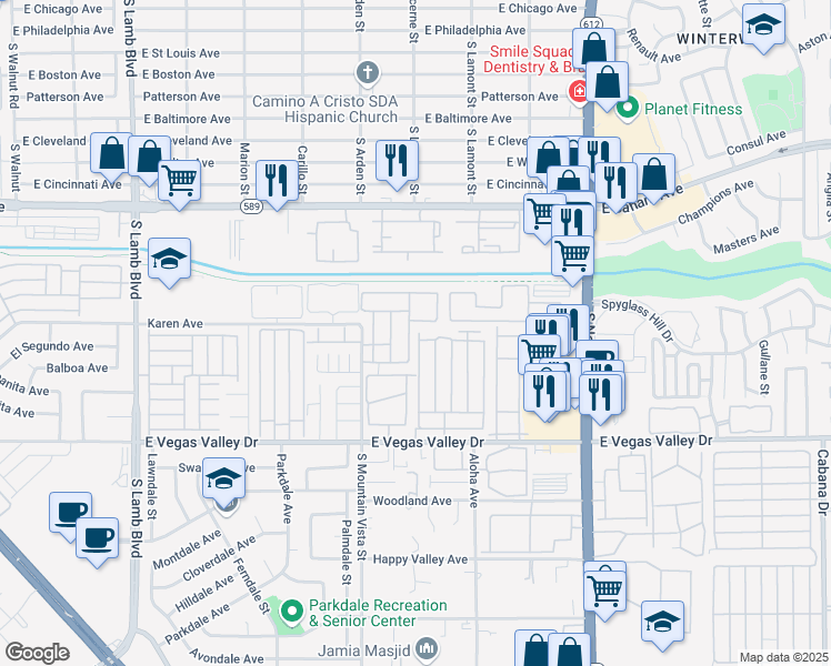 map of restaurants, bars, coffee shops, grocery stores, and more near 2777 Aarondavid Drive in Las Vegas