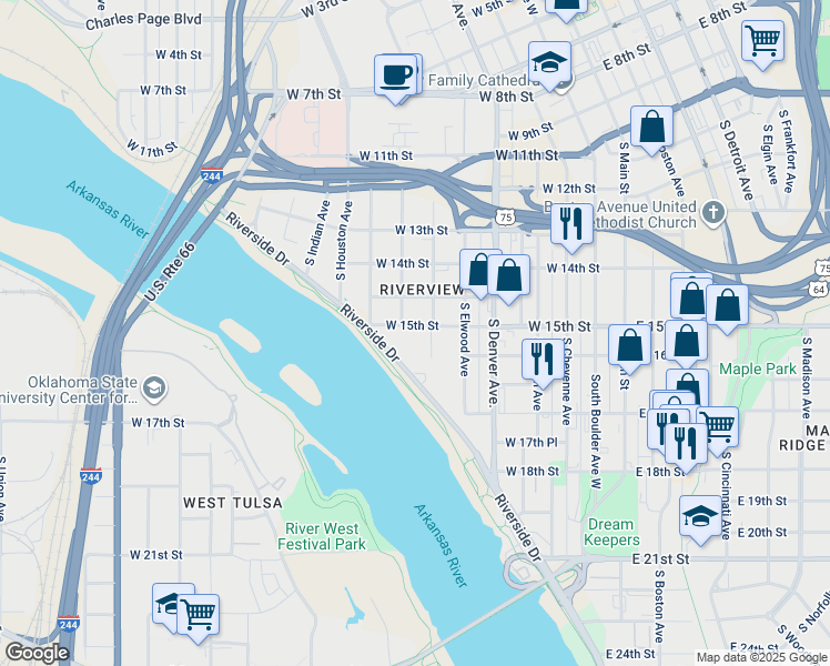 map of restaurants, bars, coffee shops, grocery stores, and more near 1500 South Frisco Avenue in Tulsa