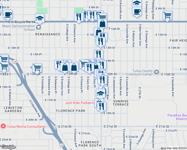 map of restaurants, bars, coffee shops, grocery stores, and more near 1440 South Gary Place in Tulsa