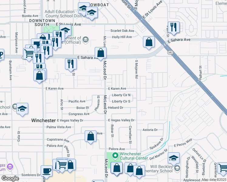 map of restaurants, bars, coffee shops, grocery stores, and more near 4 East Karen Avenue in Las Vegas