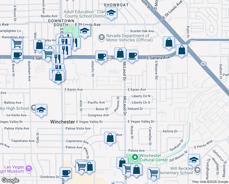 map of restaurants, bars, coffee shops, grocery stores, and more near 2852 Karen Avenue in Las Vegas
