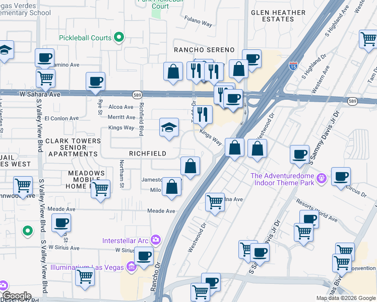 map of restaurants, bars, coffee shops, grocery stores, and more near 2621 Wyandotte Street in Las Vegas