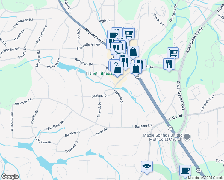 map of restaurants, bars, coffee shops, grocery stores, and more near 2806 Teakwood Court in Winston-Salem