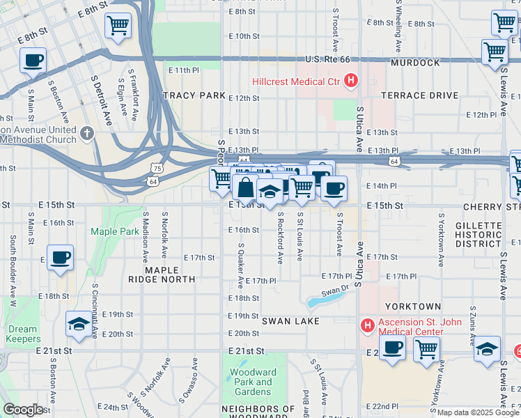 map of restaurants, bars, coffee shops, grocery stores, and more near in Tulsa