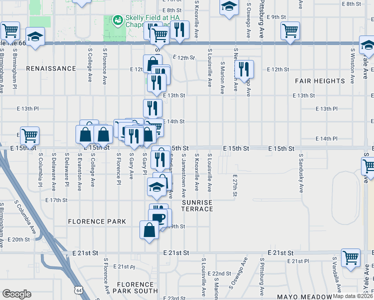map of restaurants, bars, coffee shops, grocery stores, and more near 1501 South Jamestown Avenue in Tulsa