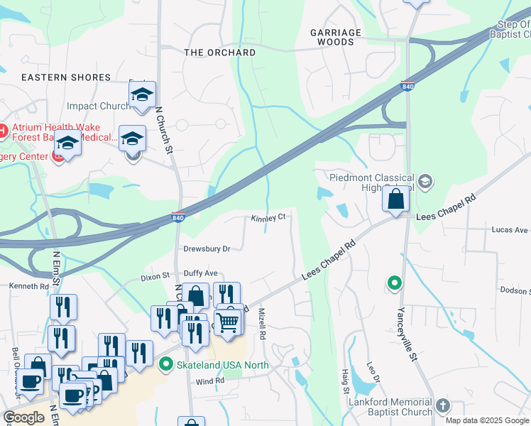 map of restaurants, bars, coffee shops, grocery stores, and more near 109 Kinnley Court in Greensboro