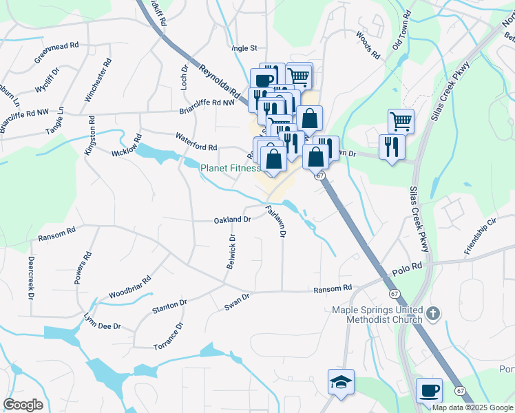 map of restaurants, bars, coffee shops, grocery stores, and more near 2710 Fairlawn Drive in Winston-Salem