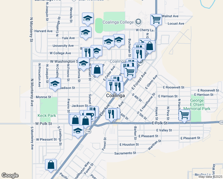 map of restaurants, bars, coffee shops, grocery stores, and more near 136-1/2 East Cedar Avenue in Coalinga