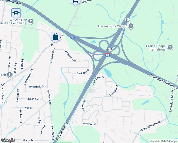 map of restaurants, bars, coffee shops, grocery stores, and more near 3016 Quail Oaks Drive in Greensboro