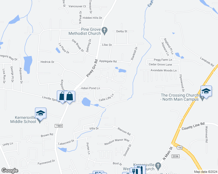 map of restaurants, bars, coffee shops, grocery stores, and more near 227 Julian Pond Lane in Kernersville