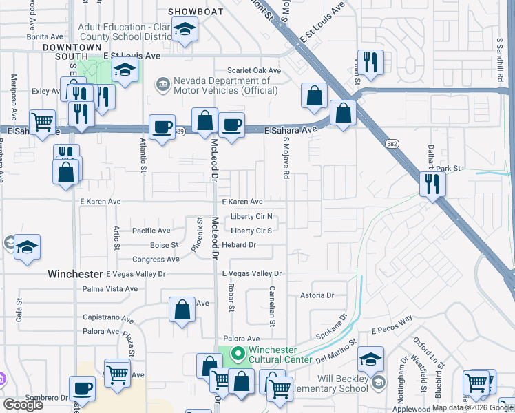 map of restaurants, bars, coffee shops, grocery stores, and more near 3121 Karen Avenue in Las Vegas