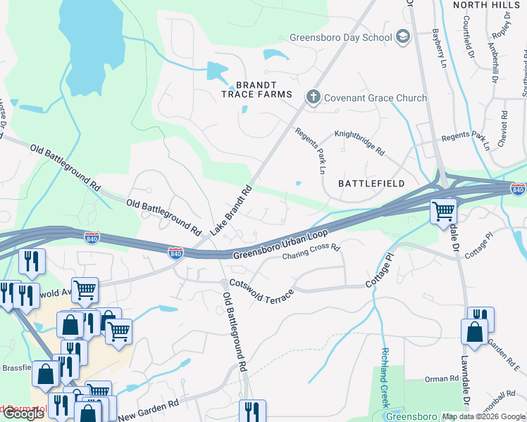 map of restaurants, bars, coffee shops, grocery stores, and more near 4214 Lake Brandt Road in Greensboro