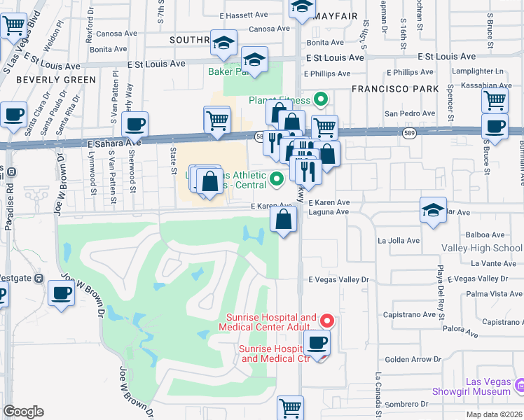 map of restaurants, bars, coffee shops, grocery stores, and more near 2655 South Maryland Parkway in Las Vegas
