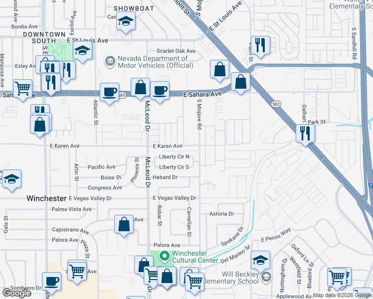 map of restaurants, bars, coffee shops, grocery stores, and more near 3121 Karen Avenue in Las Vegas