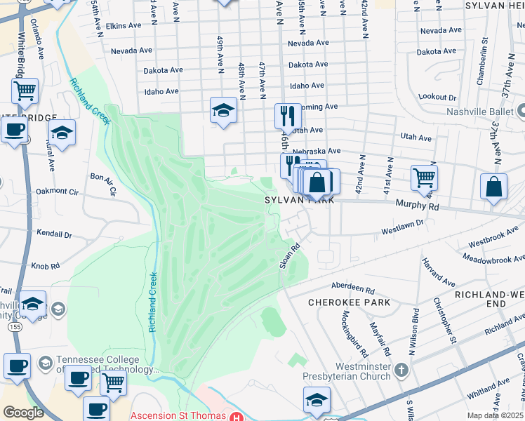 map of restaurants, bars, coffee shops, grocery stores, and more near 4601 Murphy Road in Nashville