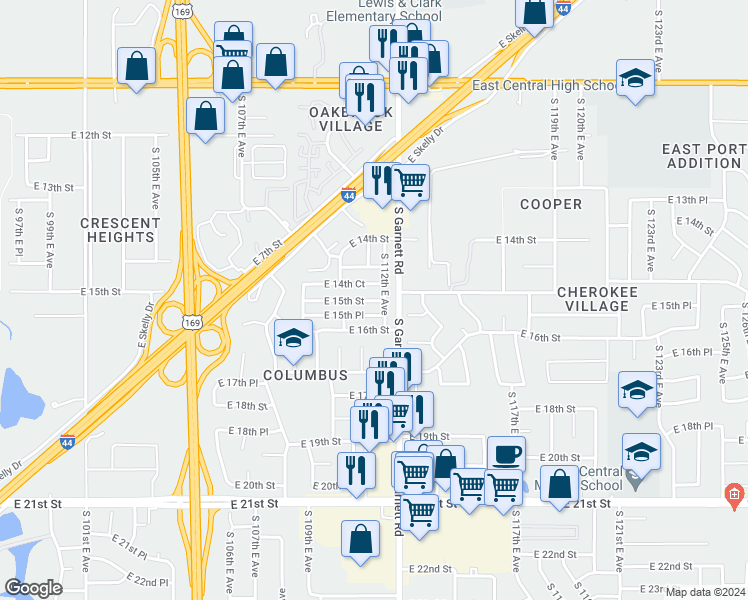 map of restaurants, bars, coffee shops, grocery stores, and more near 11045 East 15th Street in Tulsa