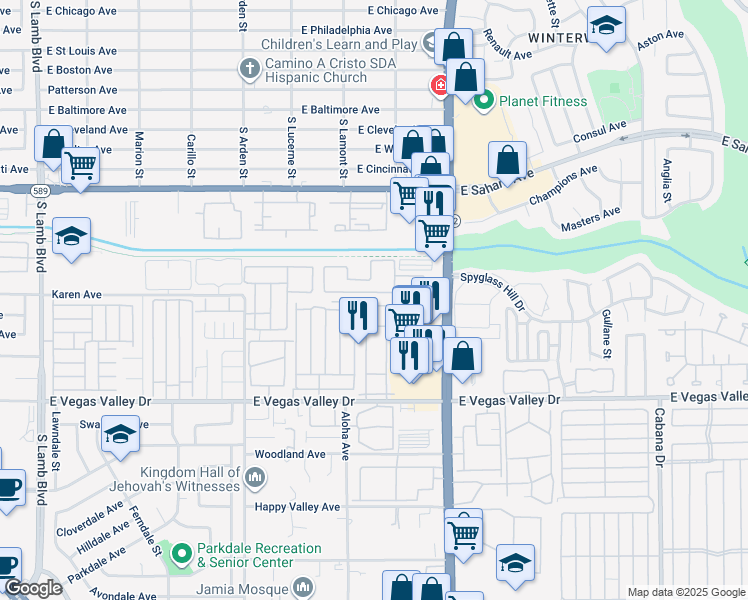 map of restaurants, bars, coffee shops, grocery stores, and more near 2725 South Nellis Boulevard in Las Vegas