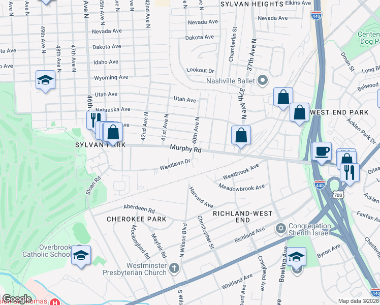 map of restaurants, bars, coffee shops, grocery stores, and more near 4004 Murphy Road in Nashville