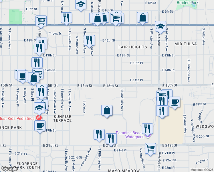 map of restaurants, bars, coffee shops, grocery stores, and more near 4200 East 15th Street in Tulsa
