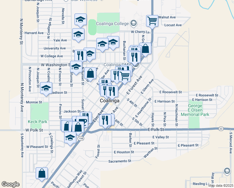 map of restaurants, bars, coffee shops, grocery stores, and more near 215 North 4th Street in Coalinga