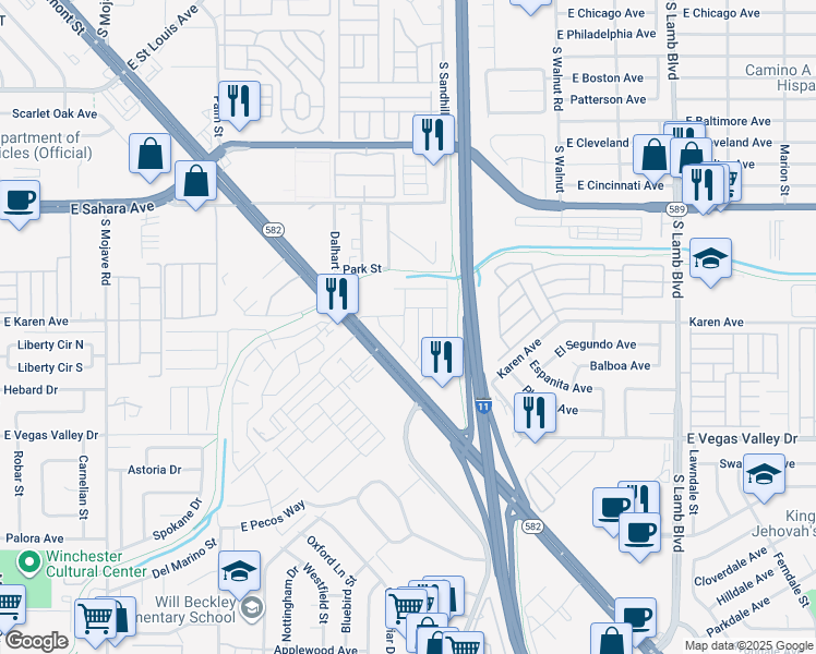 map of restaurants, bars, coffee shops, grocery stores, and more near 2722 Sierra Grande Street in Las Vegas