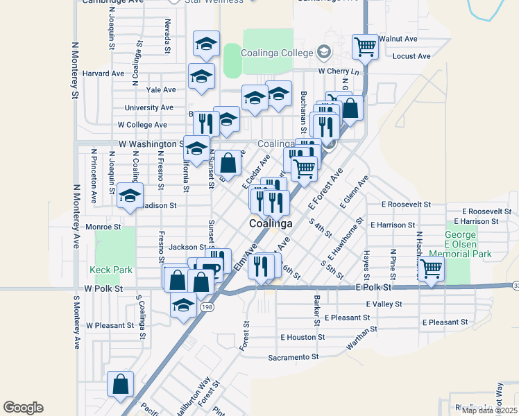 map of restaurants, bars, coffee shops, grocery stores, and more near 136-1/2 East Cedar Avenue in Coalinga