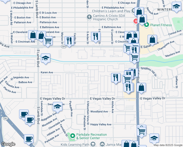map of restaurants, bars, coffee shops, grocery stores, and more near 2685 Jennydiane Drive in Las Vegas