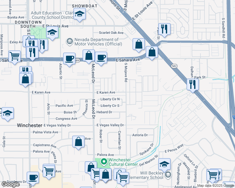 map of restaurants, bars, coffee shops, grocery stores, and more near 3121 Karen Avenue in Las Vegas
