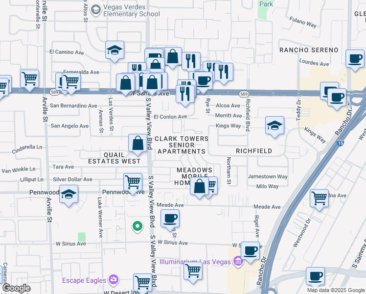 map of restaurants, bars, coffee shops, grocery stores, and more near 2701 Clark Towers Court in Las Vegas