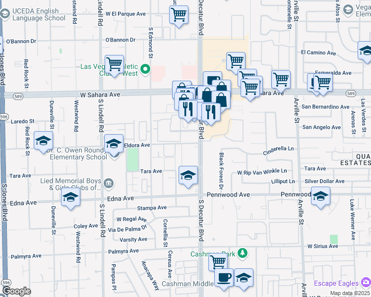 map of restaurants, bars, coffee shops, grocery stores, and more near 250 Eldora Avenue in Las Vegas