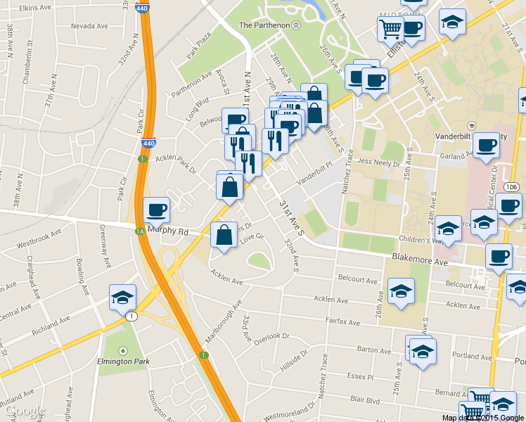 map of restaurants, bars, coffee shops, grocery stores, and more near in Nashville