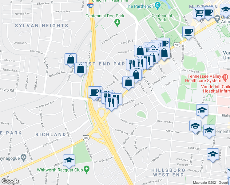 map of restaurants, bars, coffee shops, grocery stores, and more near 5 Fairmont Place in Nashville