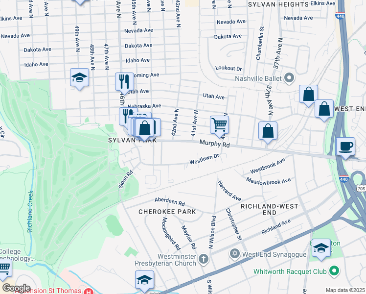 map of restaurants, bars, coffee shops, grocery stores, and more near 4108 Murphy Road in Nashville