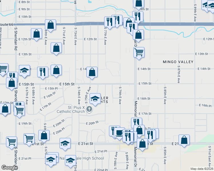 map of restaurants, bars, coffee shops, grocery stores, and more near 7701 East 15th Street in Tulsa