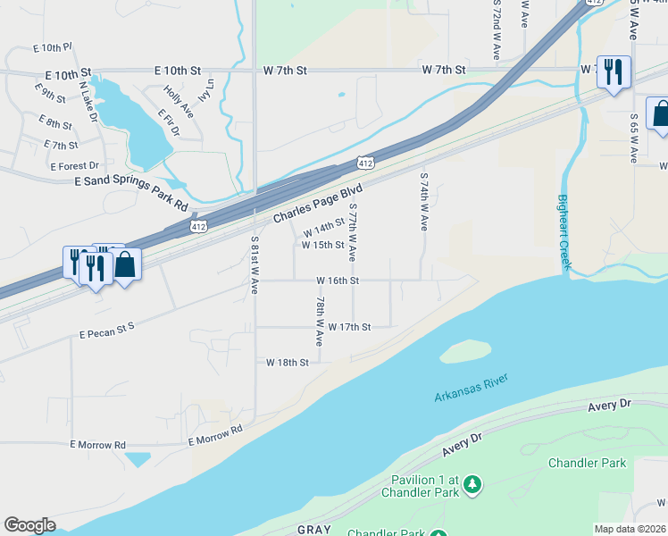 map of restaurants, bars, coffee shops, grocery stores, and more near 7718 West 15th Street in Tulsa