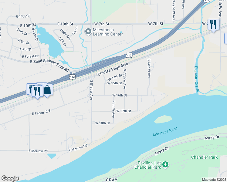 map of restaurants, bars, coffee shops, grocery stores, and more near 7754 West 15th Street in Tulsa