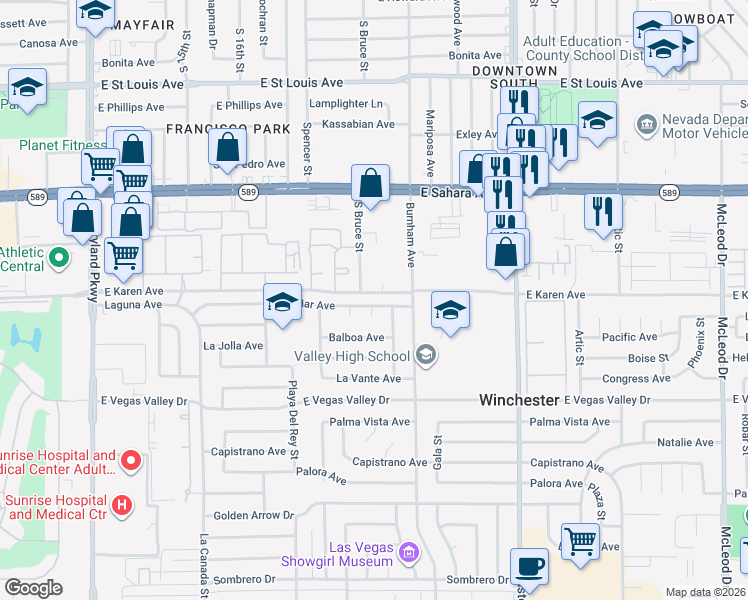 map of restaurants, bars, coffee shops, grocery stores, and more near 1986 East Del Mar Avenue in Las Vegas