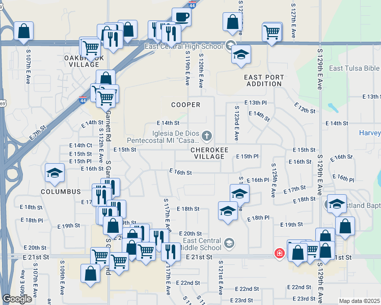 map of restaurants, bars, coffee shops, grocery stores, and more near 11908 East 15th Street in Tulsa
