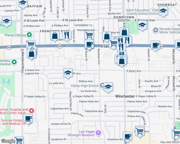 map of restaurants, bars, coffee shops, grocery stores, and more near 1986 East Del Mar Avenue in Las Vegas