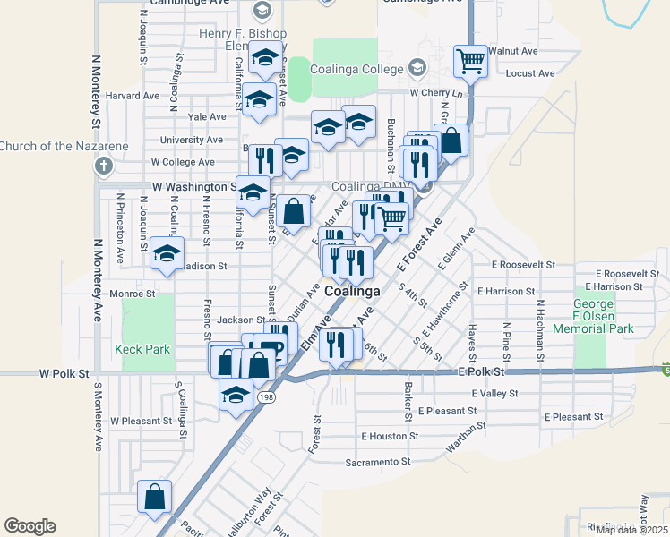 map of restaurants, bars, coffee shops, grocery stores, and more near 136-1/2 East Cedar Avenue in Coalinga