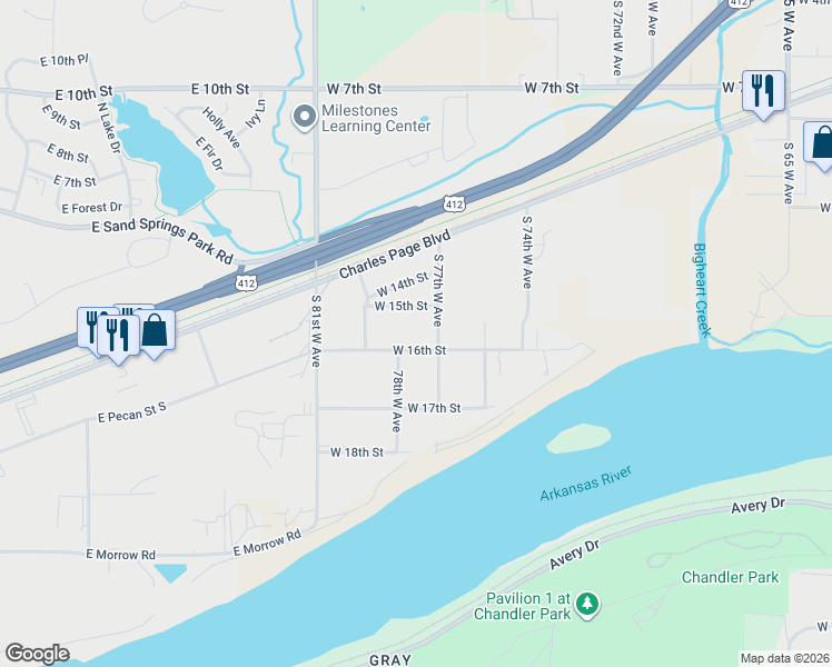 map of restaurants, bars, coffee shops, grocery stores, and more near 7718 West 15th Street in Tulsa