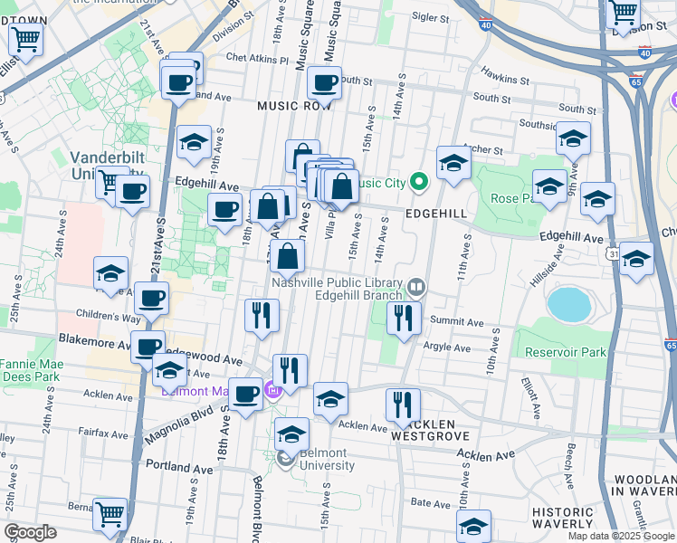 map of restaurants, bars, coffee shops, grocery stores, and more near 1309 15th Avenue in Nashville