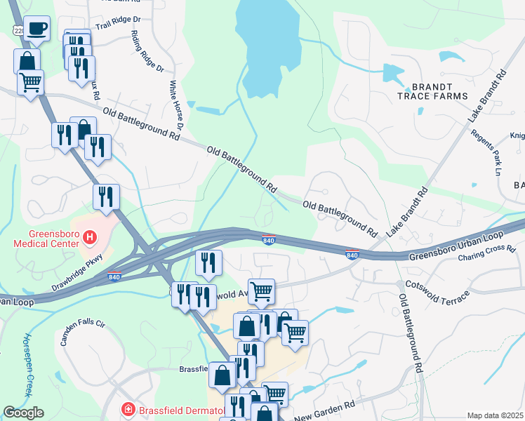 map of restaurants, bars, coffee shops, grocery stores, and more near 3002 Greystone Point in Greensboro