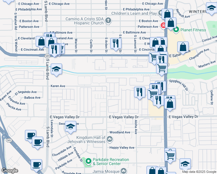 map of restaurants, bars, coffee shops, grocery stores, and more near 2705 Jennydiane Drive in Las Vegas
